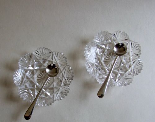 A Delightful Pair of Edwardian Cut Glass Condiment Dishes and Silver Spoons.