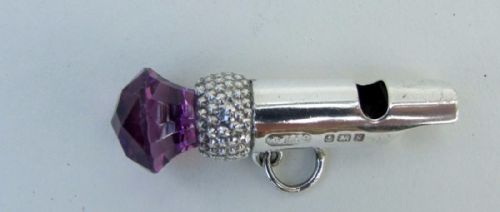 A Rare Edwardian Silver Whistle Set with Glass Amethyst Thistle.