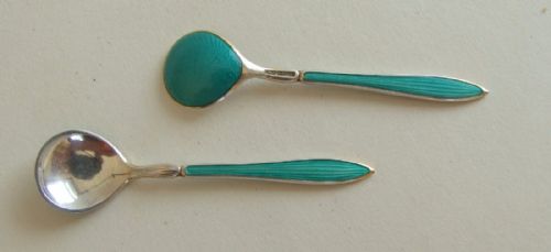 A Gorgeous Pair of Norwegian Silver & Guilloche Enamel Salt Spoons.