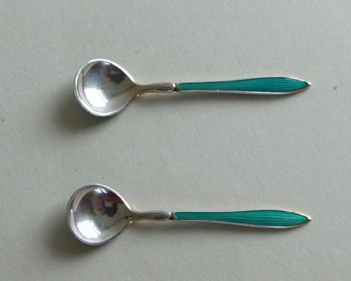 fig 1. A gorgeous pair of Norwegian silver & guilloche enamel salt spoons.