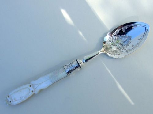 A Splendid Victorian Silver & Mother of Pearl Preserve Spoon.