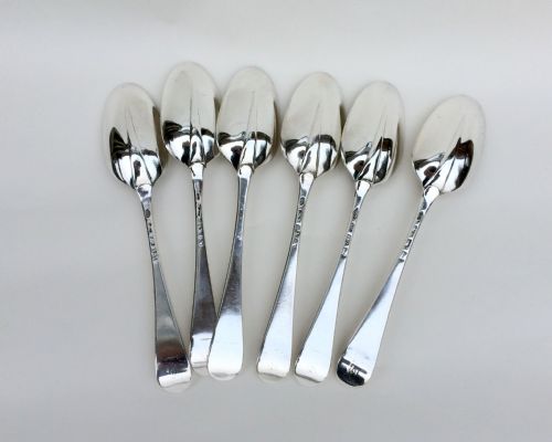 An Extremely Rare Set of Six 18th Century Rat-tail Silver Serving Spoons