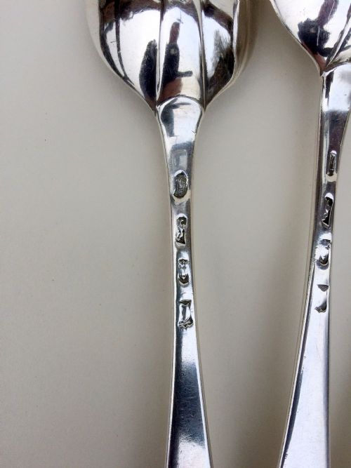 fig 1. An extremely rare set of six 18th Century rat-tail silver serving spoons