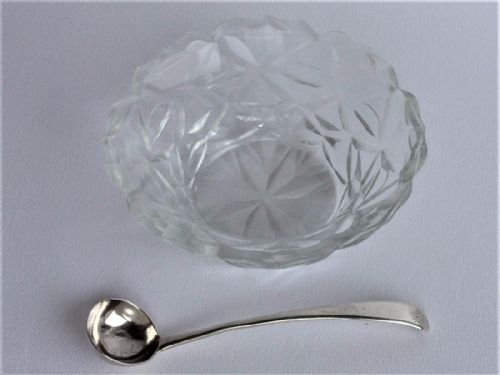fig 1. A gorgeous Irish glass condiment dish and silver spoon.
