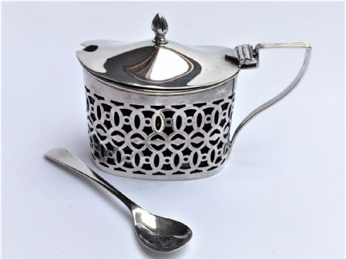 An Unusual Edwardian Silver & Amethyst Mustard Pot and Spoon.