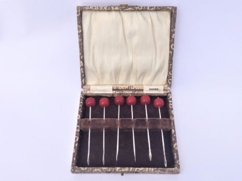 fig 1. A jazz age set of six silver cocktail sticks.