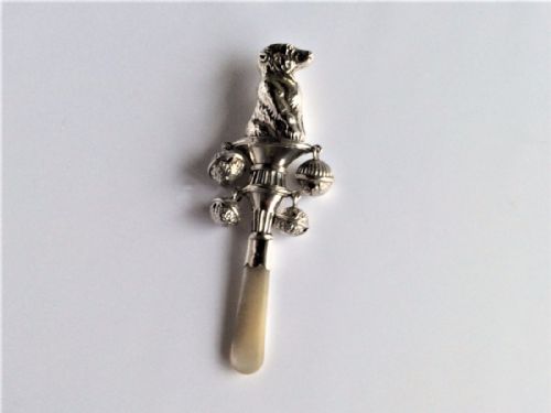 A Delightful Edwardian Silver 'Dog' Motif Rattle.