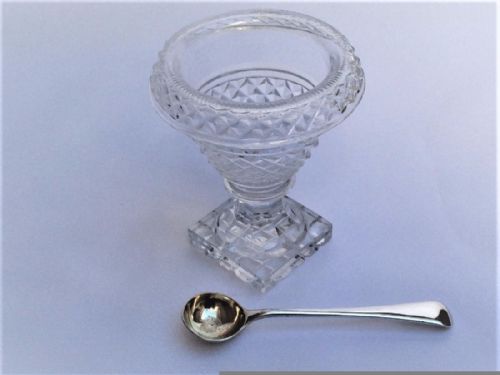 A Georgian Style Cut Glass Condiment Tub & Silver Spoon.