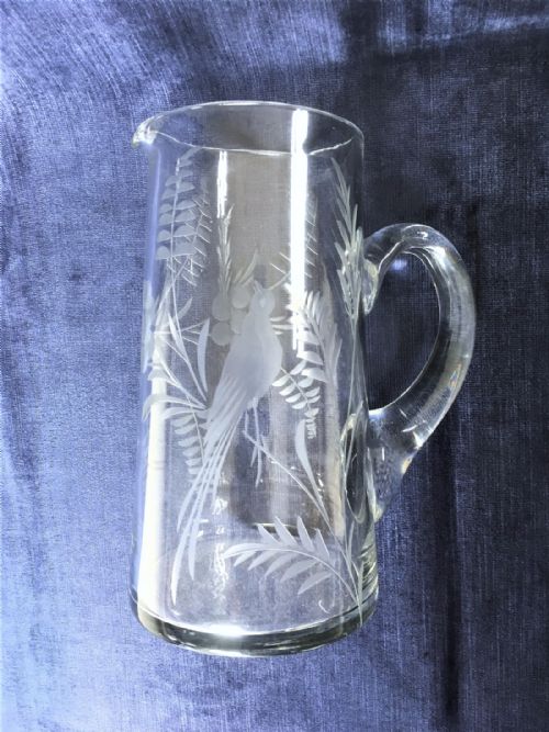 A Bird Engraved Edwardian Glass Water Jug.