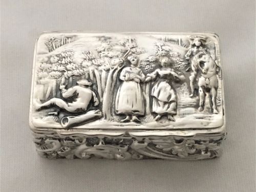 A Fabulous Scenic Edwardian Silver Snuff or Pill Box.