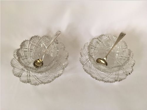 A Fabulous Pair of Regency Cut Glass Condiment Tubs & Silver Spoons.