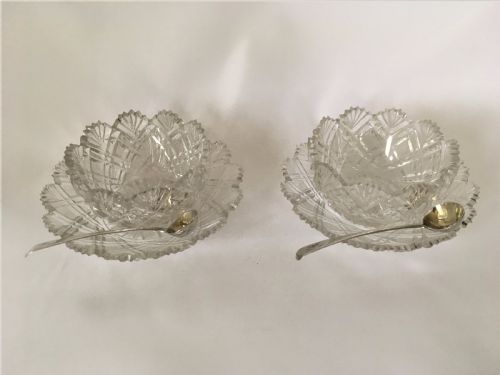 fig 1. A fabulous pair of Regency cut glass condiment tubs & silver spoons.