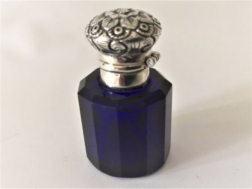 A Victorian Silver Mounted Sapphire Blue Scent Bottle.