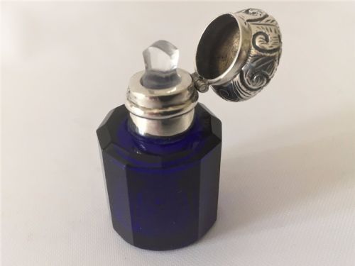 fig 1. A Victorian silver mounted sapphire blue scent bottle.