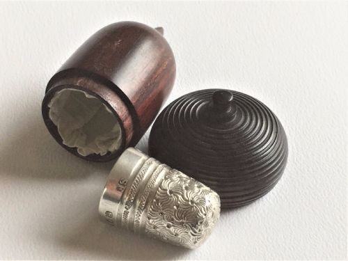 A Gorgeous Victorian Silver Thimble in Treen Acorn Case.