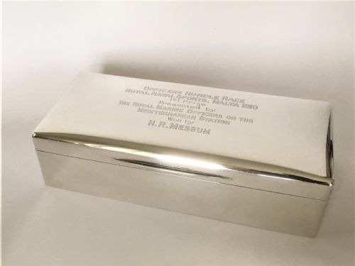 A Superb Silver Table Cigarette Box. Malta Naval Interest.