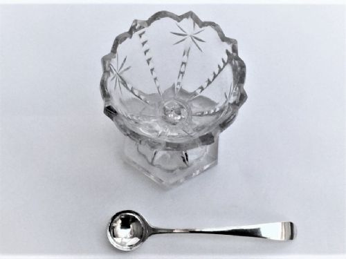 fig 1. An 18th Century cut glass condiment tub and silver spoon