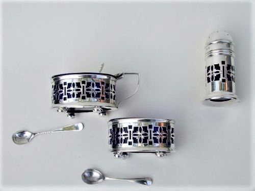 A Pierced Silver Three Piece Cruet