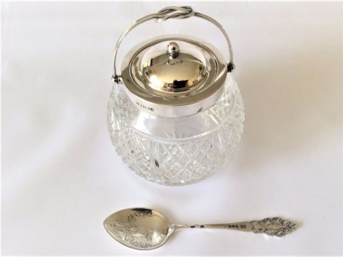 A Victorian Silver Mounted Preserve Pot and Spoon