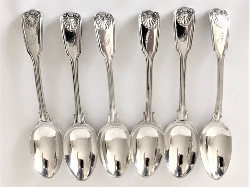 Six Victorian Silver Fiddle, Thread & Shell Teaspoons