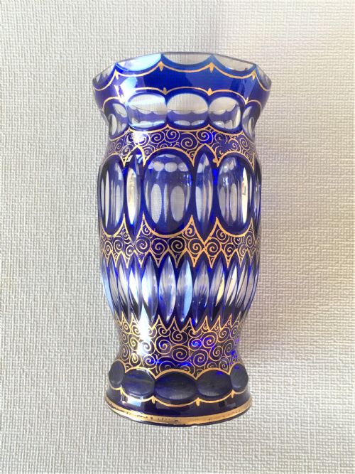 A Stunning Bohemian Blue Glass & Gilded Vase