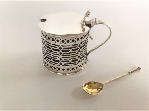 A Pierced Silver Drum Mustard Pot & Spoon