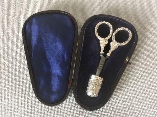 A Cased Pair of Victorian Silver Sewing Scissors & Thimble