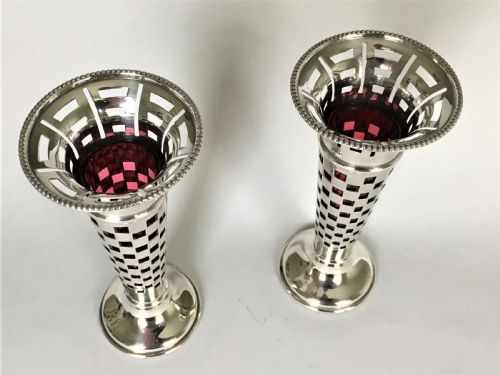 fig 1. A gorgeous pair of silver & cranberry bud vases