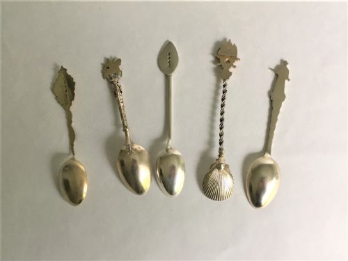 fig 1. A harlequin set of 5 Victorian silver souvenir spoons
