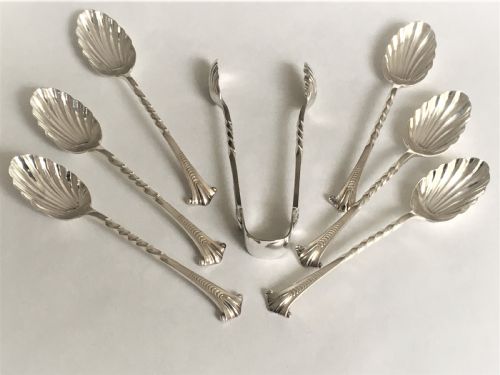 fig 1. A wonderful set of 6 silver Onslow pattern teaspoons and tongs