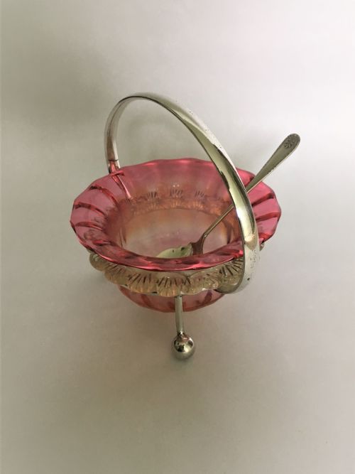 fig 1. A Victorian Vaseline glass and silver plated preserve dish and spoon