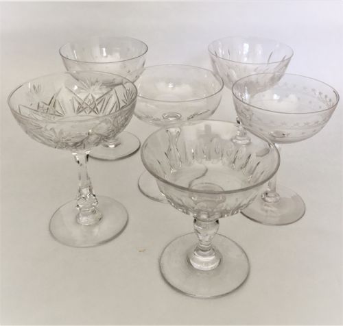 A Harlequin Set of 6 Cut and Etched Champagne Bowls