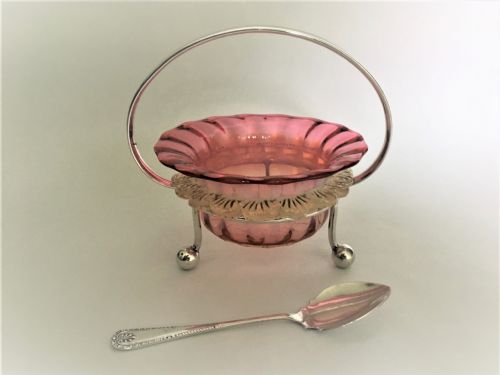 A Victorian Vaseline Glass and Silver Plated Preserve Dish and Spoon