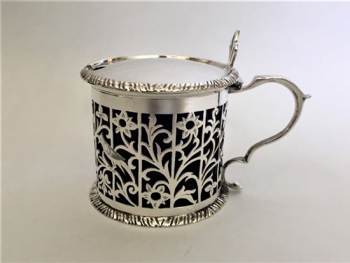 A Superb Pierced Silver Mustard Pot with Birds & Flowers