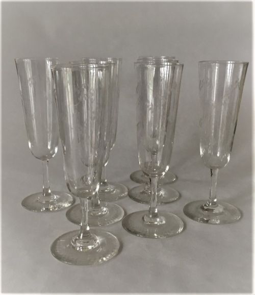 A Superb Set of 8 Victorian Etched Champagne Flutes