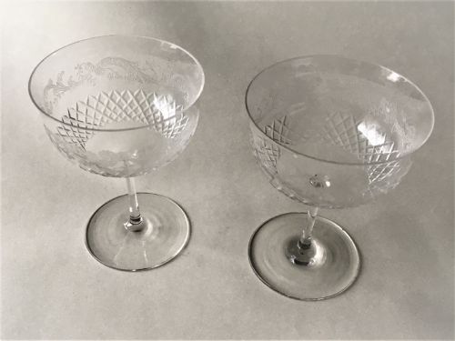 A Charming Pair of Etched Edwardian Champagne Glasses