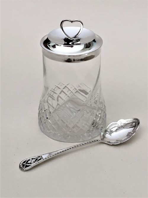 An Edwardian Silver Mounted 'Heart' Finial Preserve Jar & Spoon
