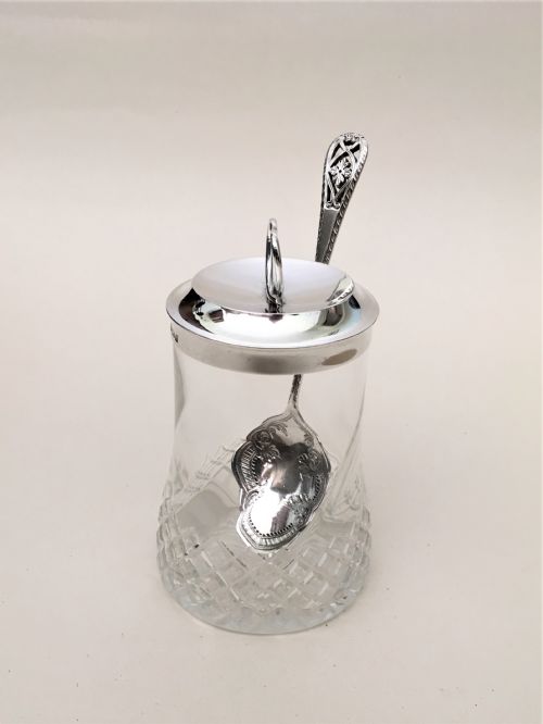 fig 1. An Edwardian silver mounted 'heart' finial preserve jar & spoon