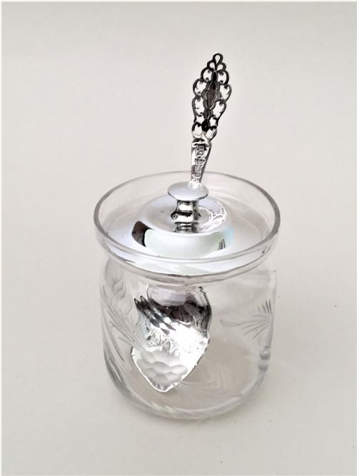 A Delightful Edwardian Silver Mounted Preserve Jar and Spoon