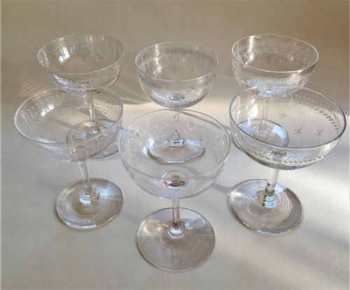 A Harlequin Set of 6 Etched Champagne Bowls