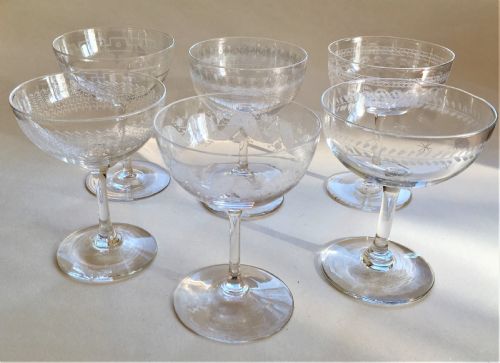 fig 1. A harlequin set of 6 etched champagne bowls