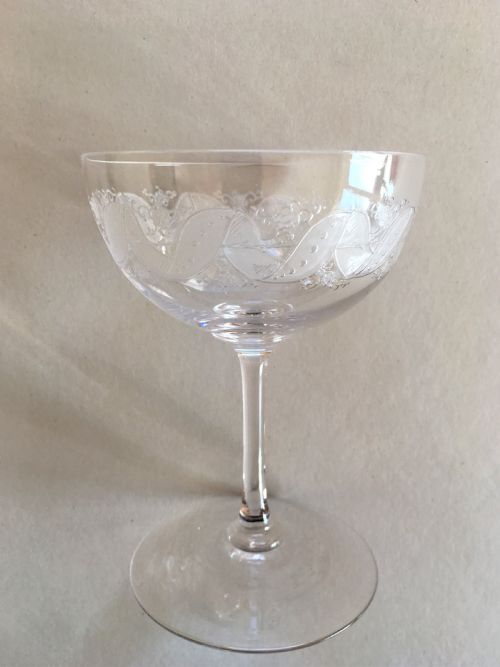 fig 3. A harlequin set of 6 etched champagne bowls