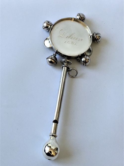 A Rare Sterling Silver Novelty Tambourine Rattle/whistle Combination