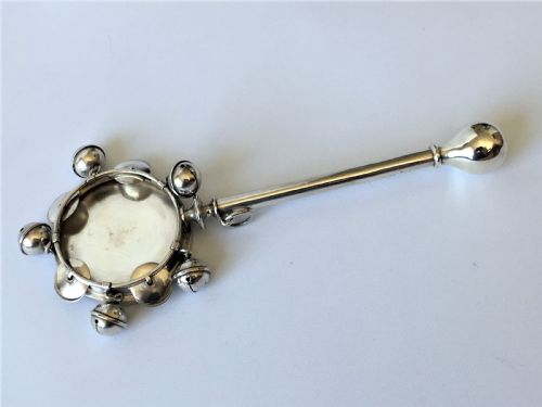 fig 1. A rare Sterling silver novelty tambourine rattle/whistle combination