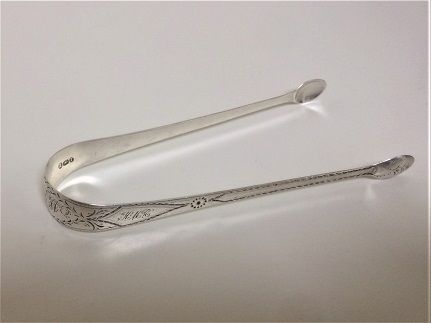 A Fine Pair of 18th Century Bright Cut Silver Tongs