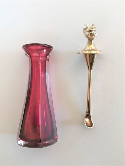 fig 1. A rare Victorian silver gilt & cranberry glass cayenne pepper bottle