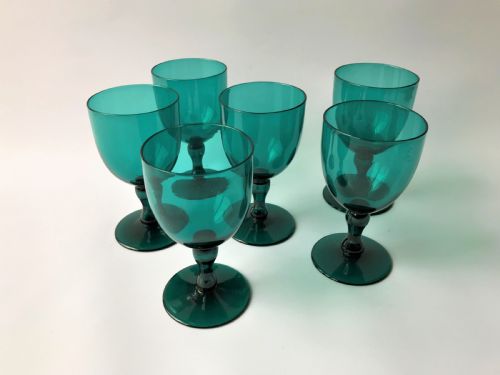 A Fine Set of Victorian Bristol Green/aqua Wine Glasses