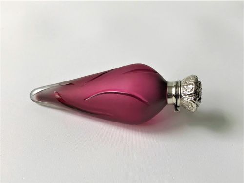 A Rare Victorian Silver Mounted Satin Glass Scent Bottle