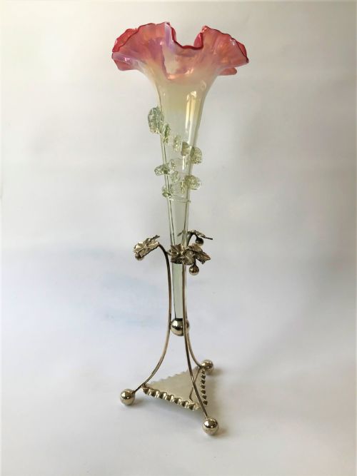 A Victorian Silver Plated & Vaseline Glass Trumpet Vase