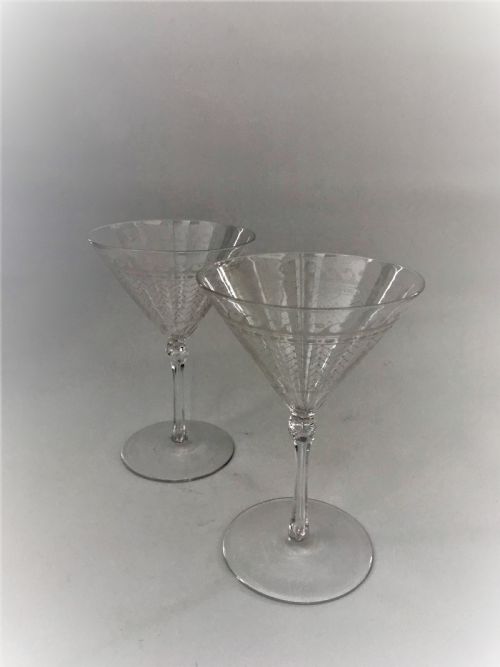 A Gorgeous Pair Etched Conical Champagne Glasses
